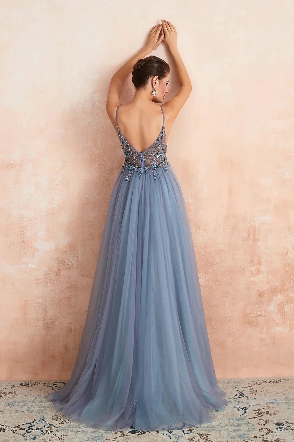 Best Long A-line V-neck Sleeveless Tulle Prom Dress with Slit by BIZTUNNEL