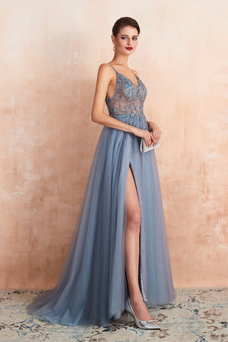 Bestes langes ärmelloses A-Linien-Ballkleid aus Tüll mit V-Ausschnitt und Schlitz