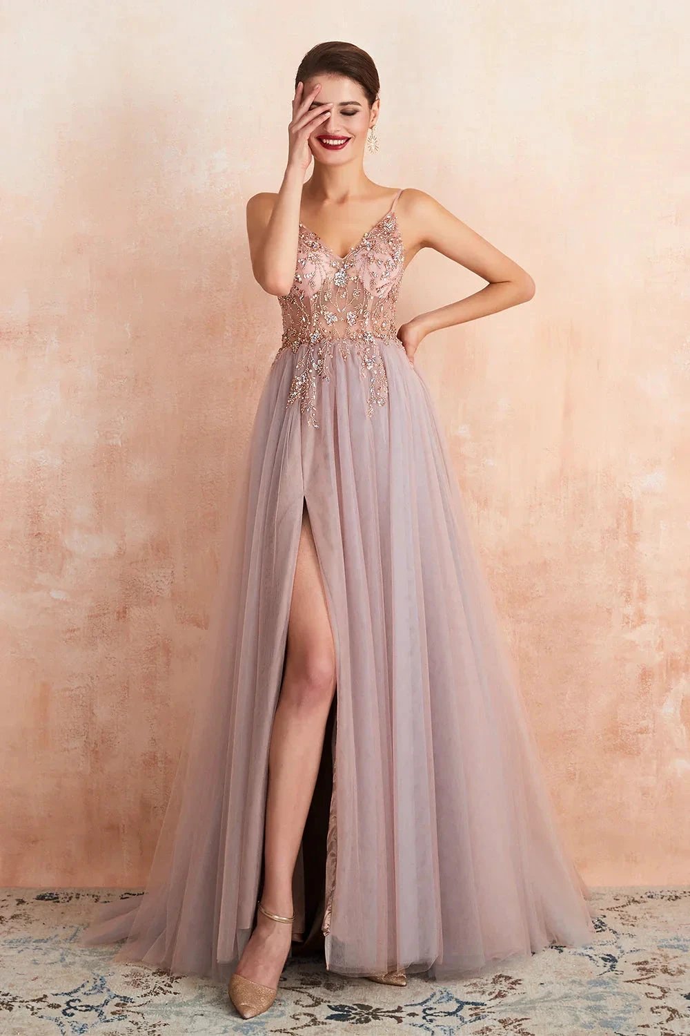 Best Long A-line V-neck Sleeveless Tulle Prom Dress with Slit by BIZTUNNEL