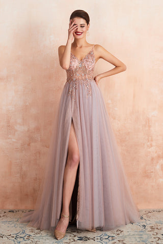 Bestes langes ärmelloses A-Linien-Ballkleid aus Tüll mit V-Ausschnitt und Schlitz