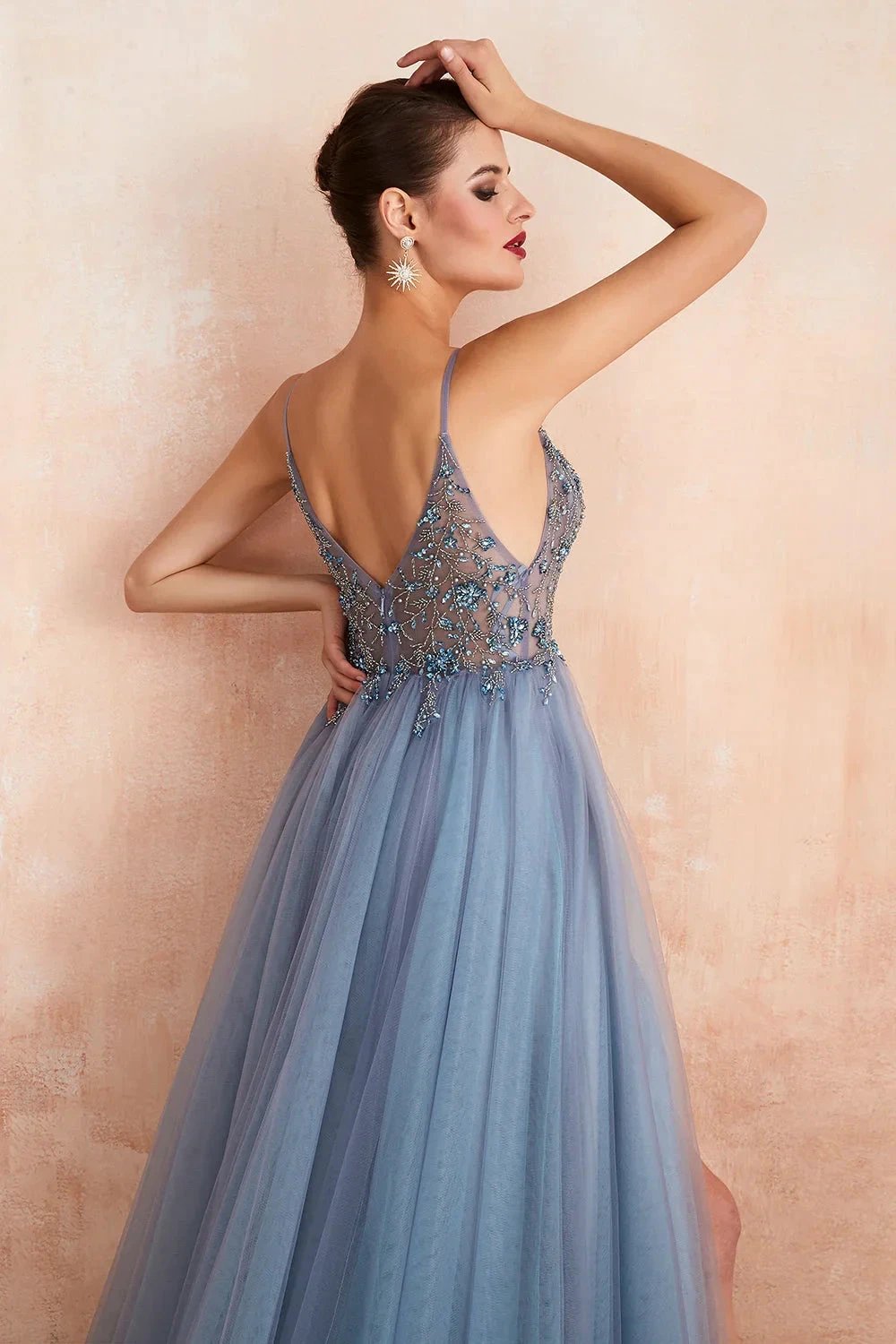 Best Long A-line V-neck Sleeveless Tulle Prom Dress with Slit by BIZTUNNEL