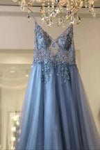 Best Long A-line V-neck Sleeveless Tulle Prom Dress with Slit by BIZTUNNEL