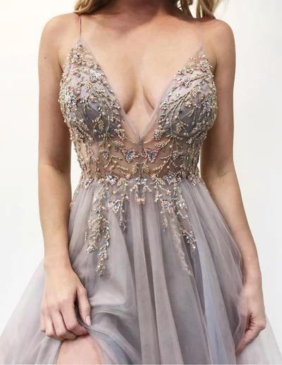 Best Long A-line V-neck Sleeveless Tulle Prom Dress with Slit by BIZTUNNEL