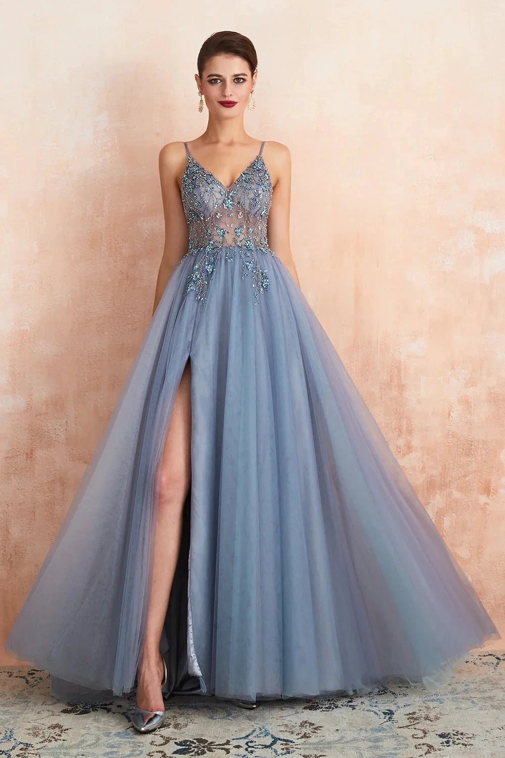 Best Long A-line V-neck Sleeveless Tulle Prom Dress with Slit by BIZTUNNEL