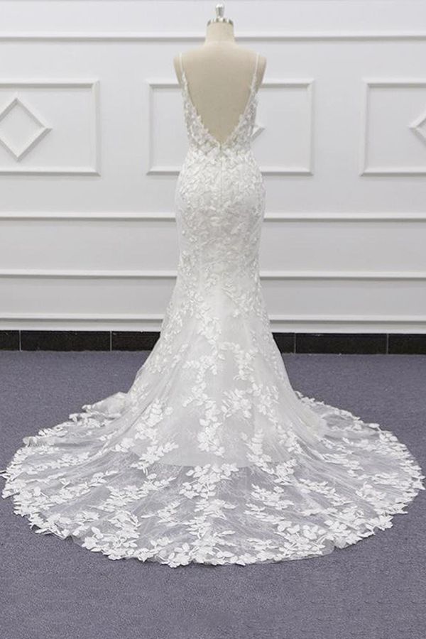 Best Long Mermaid Spaghetti Strap Appliques Lace Wedding Dress Main Image