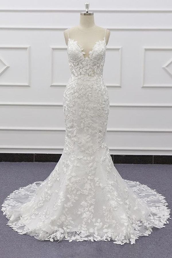 Best Long Mermaid Spaghetti Strap Appliques Lace Wedding Dress Hover Image
