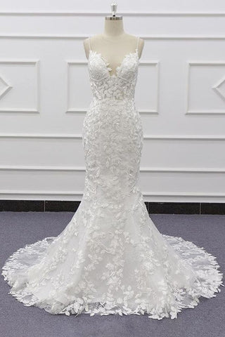 Best Long Mermaid Spaghetti Strap Appliques Lace Wedding Dress