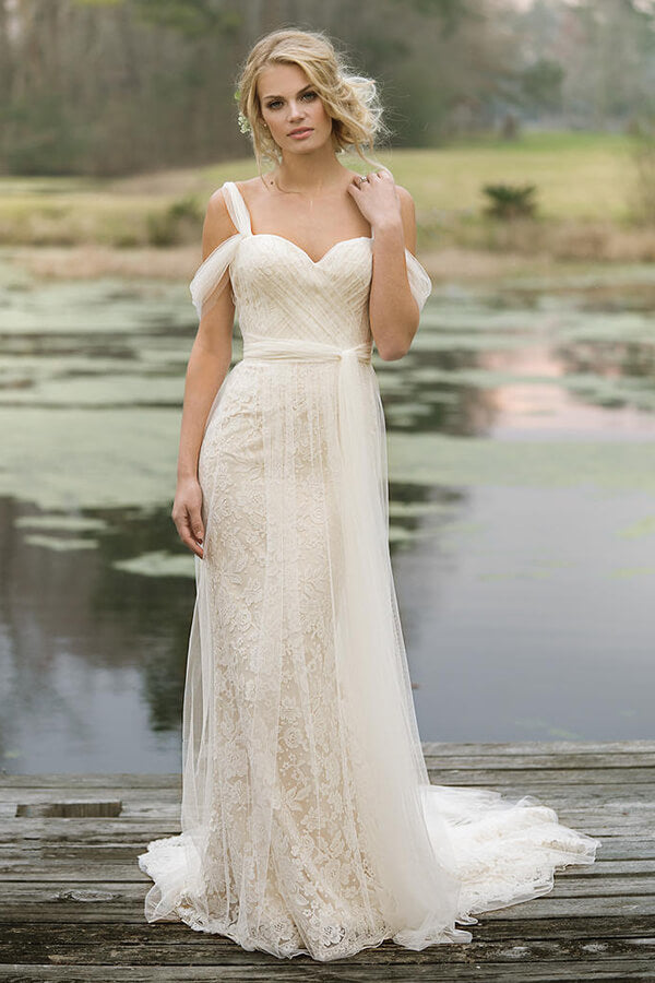 Best Long Sheath Lace Tulle Wedding Dress Hover Image