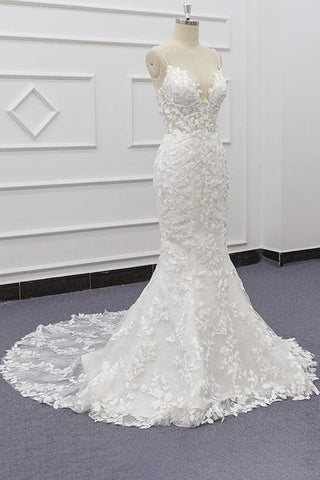 Bestes Meerjungfrau-Brautkleid mit Spaghettiträgern und Applikationen 