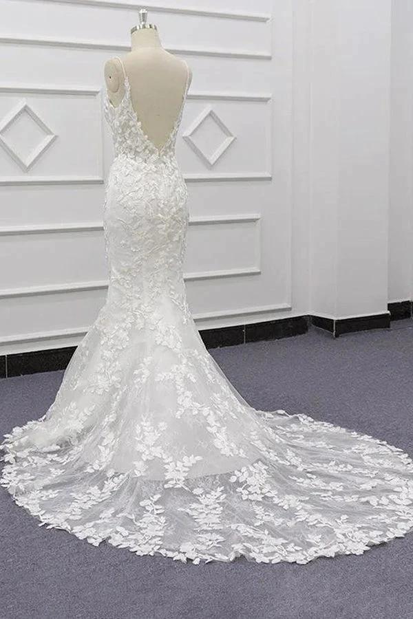 Best Spaghetti Strap Appliques Mermaid Wedding Dress by misshow.com