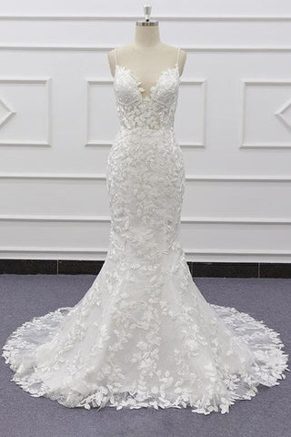 Bestes Meerjungfrau-Brautkleid mit Spaghettiträgern und Applikationen 