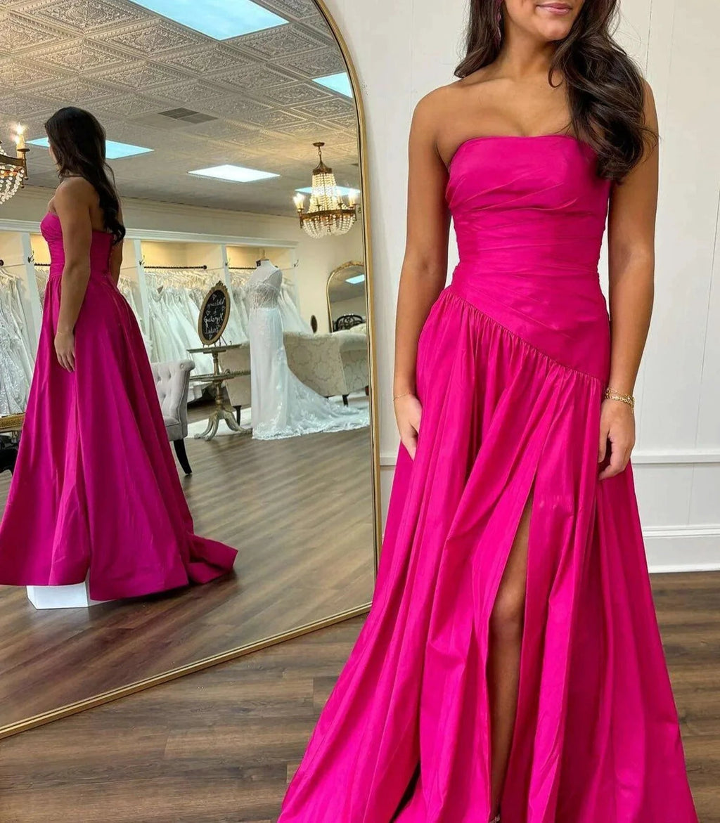 Beth | Fuchsia Strapless Taffeta A-line Long Formal Dress by KissProm