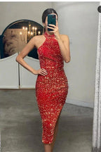 Elegant Short Mermaid Sequins Halter Party Prom Dresses with Slit by BIZTUNNEL