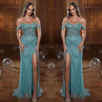 Long Mermaid Off the Shoulder Tulle Beads Sequins Prom Dresses with Slit by BIZTUNNEL