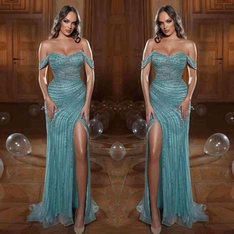 Long Mermaid Off the Shoulder Tulle Beads Sequins Prom Dresses with Slit by BIZTUNNEL