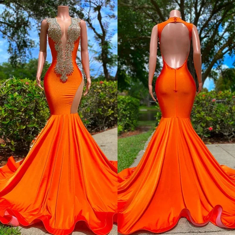 Orange Long V Neckline Sleeveless Beads Mermaid Backless Prom Dresses by BIZTUNNEL