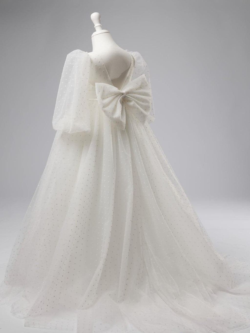 Elegant Polka Dot Tulle Puff Sleeve Sweep Train First Communion Flower Girl D… - photo 6
