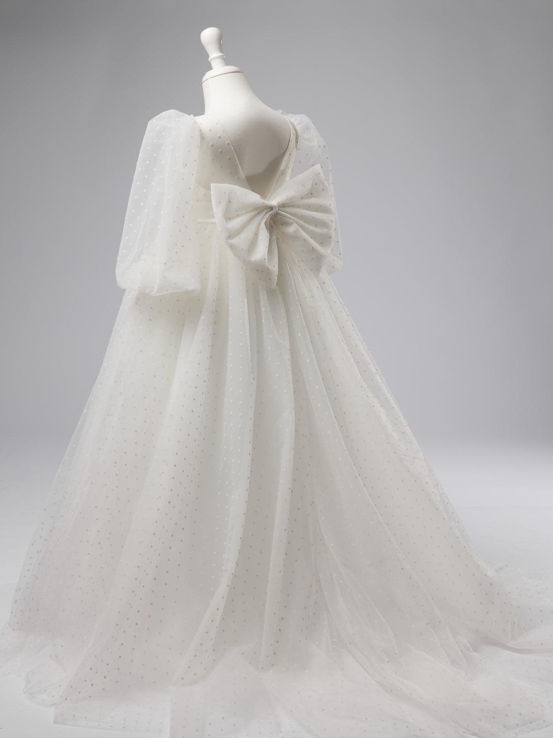 Elegant Polka Dot Tulle Puff Sleeve Sweep Train First Communion Flower Girl D… - photo 6