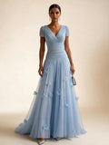 Light Blue Short-Sleeve Tulle Gown Evening Dress with 3D Flower V Neck Pleat Maxi Dress - Baby Blue