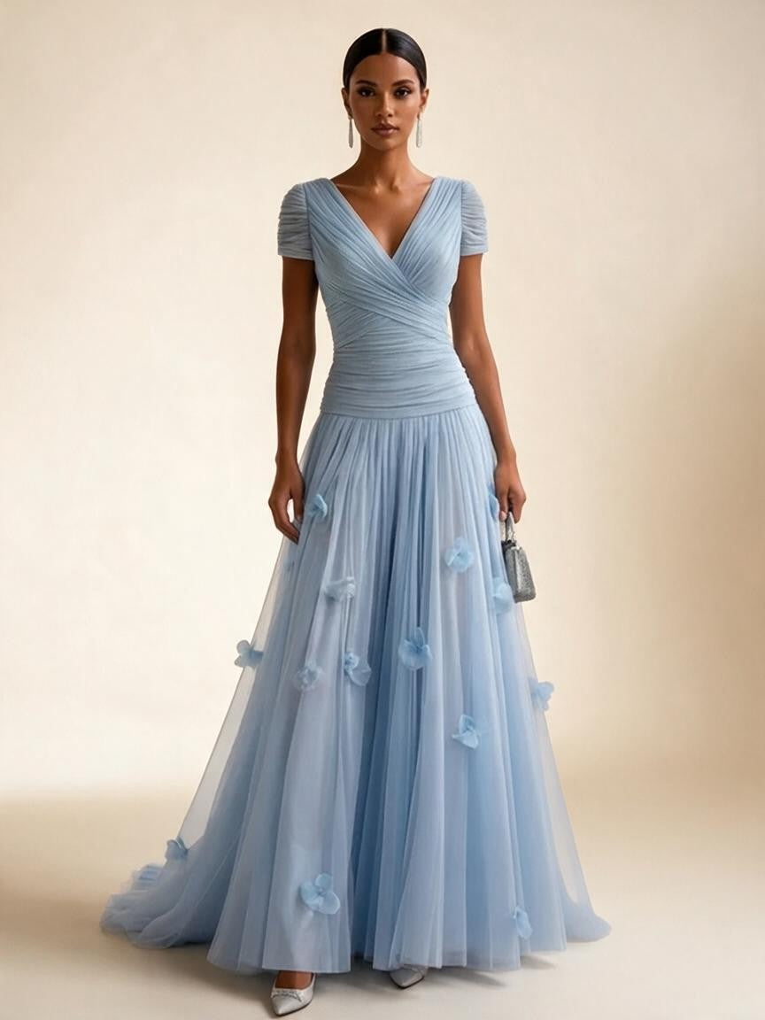 Light Blue Short-Sleeve Tulle Gown Evening Dress with 3D Flower V Neck Pleat Maxi Dress - Baby Blue