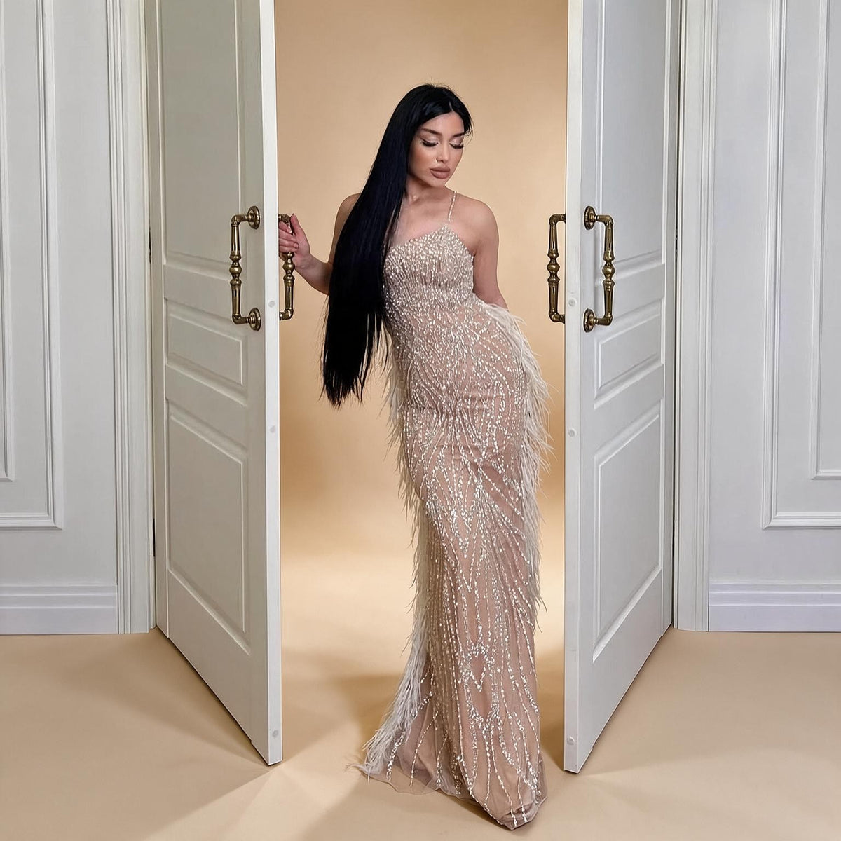 Zapdress White Nude Spaghetti Strap Feathers Beaded Mermaid Evening Dress Party Gown for Women DLA72823 Customized (ZD17377)