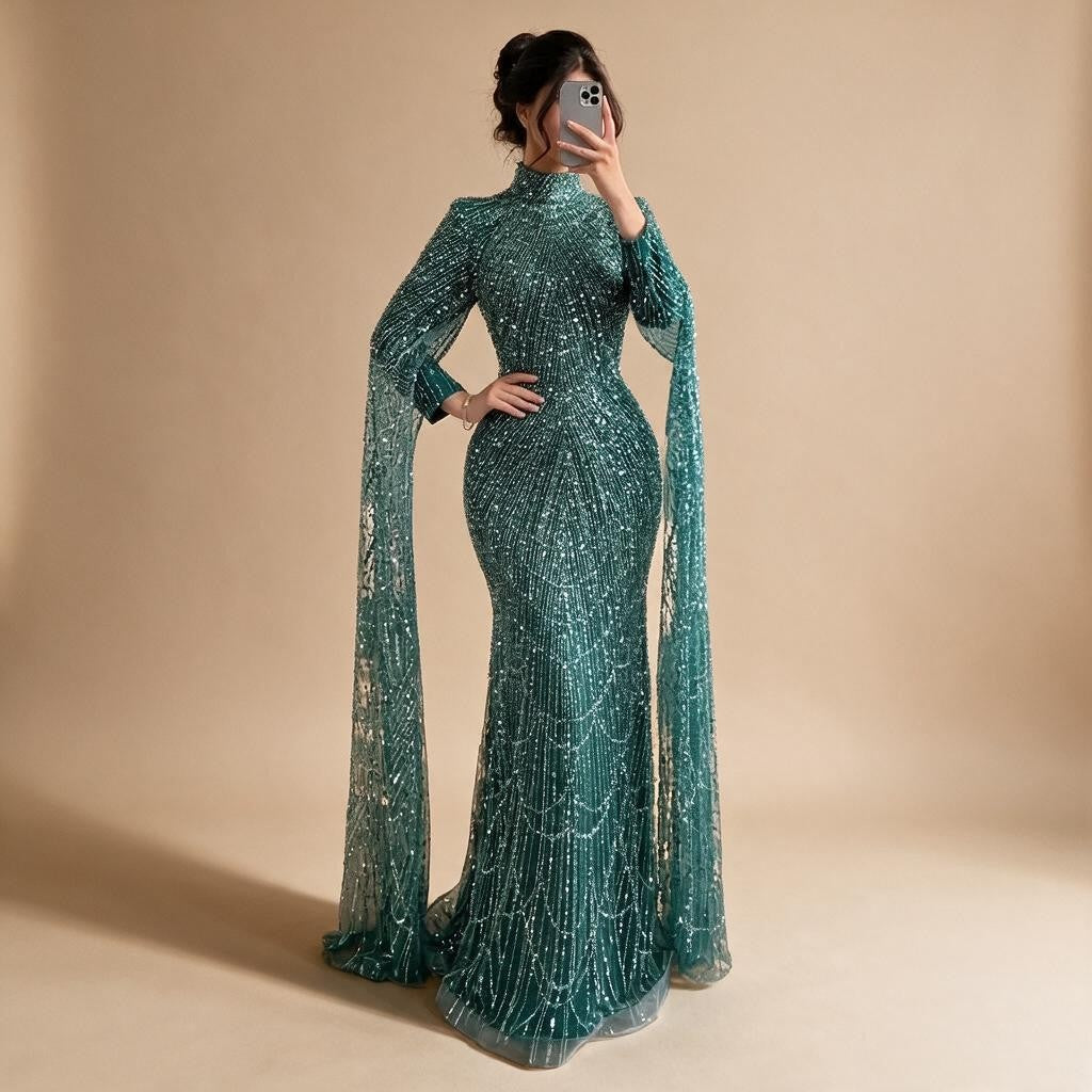 Zapdress White High Neck Long Sleeve Mermaid Evening Dress 2026 Party Gowns for Women DLA72591 Customized (ZD17255)