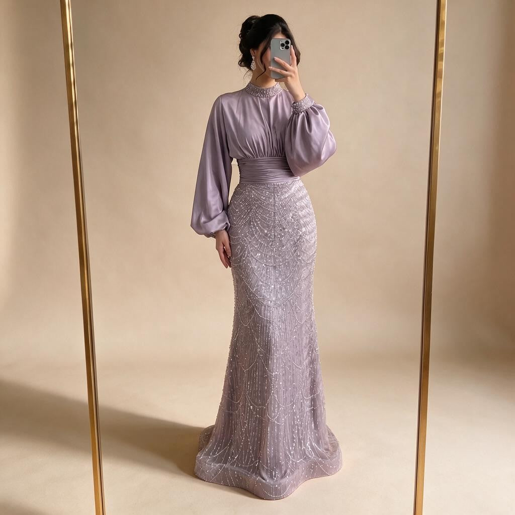 Zapdress 2026 Elegant Mauve Muslim Evening Gowns Dubai High Neck Full Sleeve Formal Party Dress for Women DLA73676 Customized (ZD17173)
