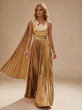 Metallic Satin Pleated One Shoulder Evening Dress Floor-Length Formal Gown - view 1