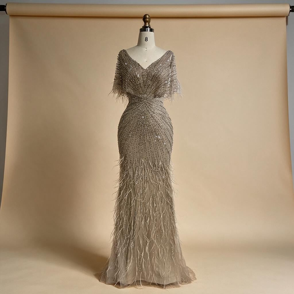 Zapdress Brown Mermaid Beaded Feathers Evening Dresses Elegant Party Gowns for Women DLA71323 Customized (ZD17329)