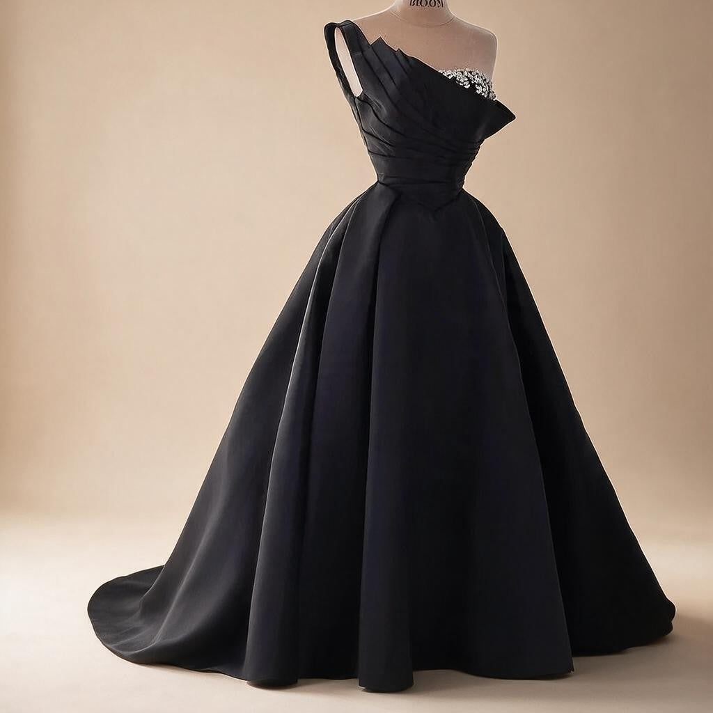 Zapdress 2025 Elegant Black One-Shoulder A Line Beaded Evening Dresses Gowns with Sleeveless For Party DLA72741 Customized (ZD17183)