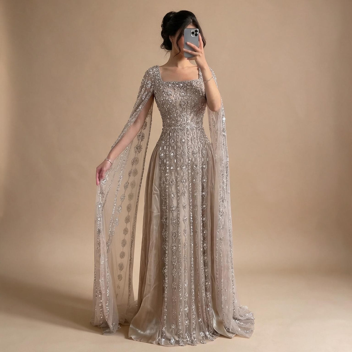 Zapdress Luxury Beaded Evening Gown Elegant Cape Sleeve Square Neck Muslim Wedding Party Dress 2026 DLA73272 Customized (ZD17380)