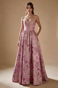 Long Pink Floral Jacquard Corset Prom Dress - view 1