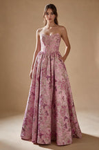 Long Pink Floral Jacquard Corset Prom Dress - view 1