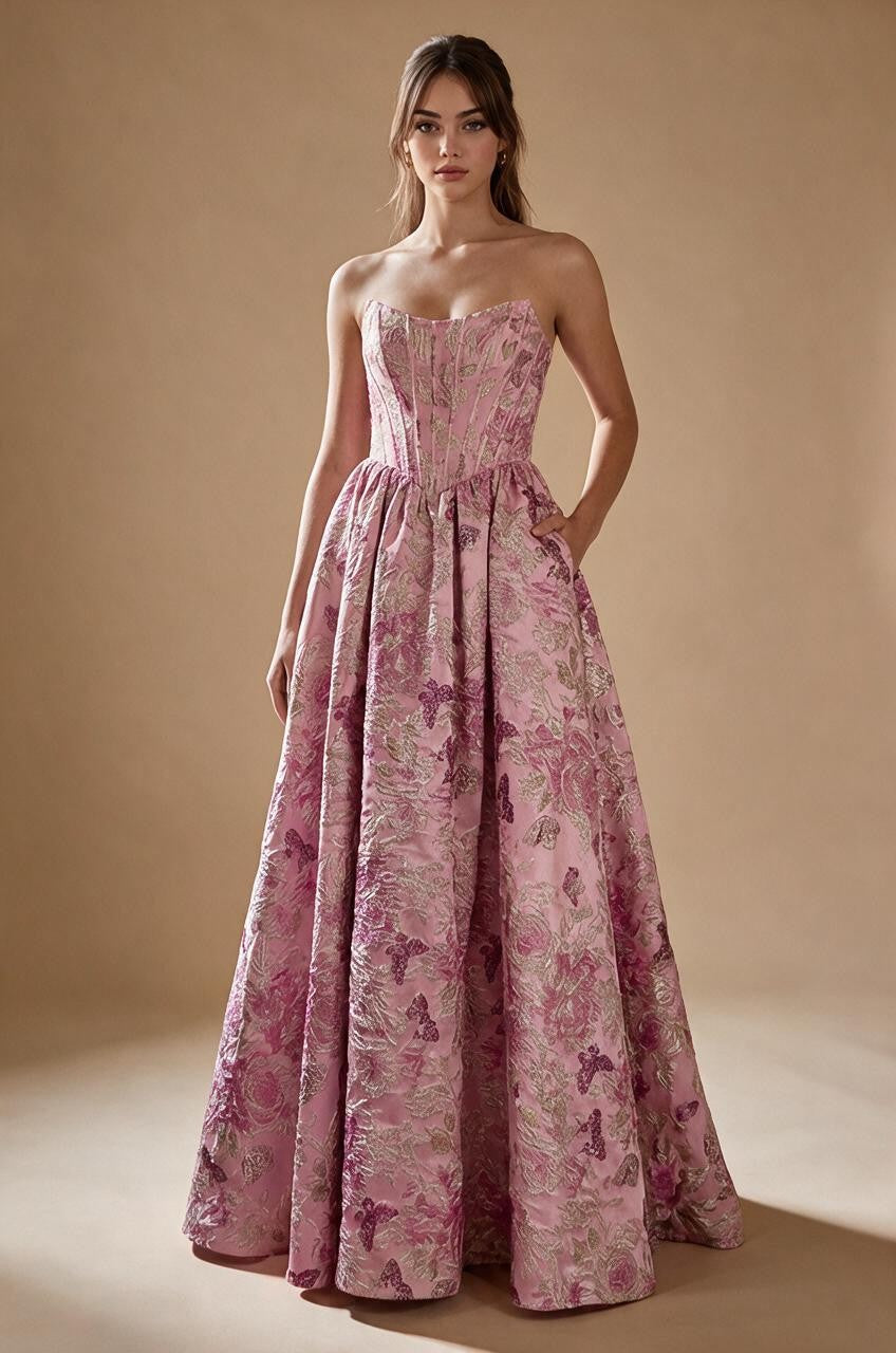 Long Pink Floral Jacquard Corset Prom Dress - view 1