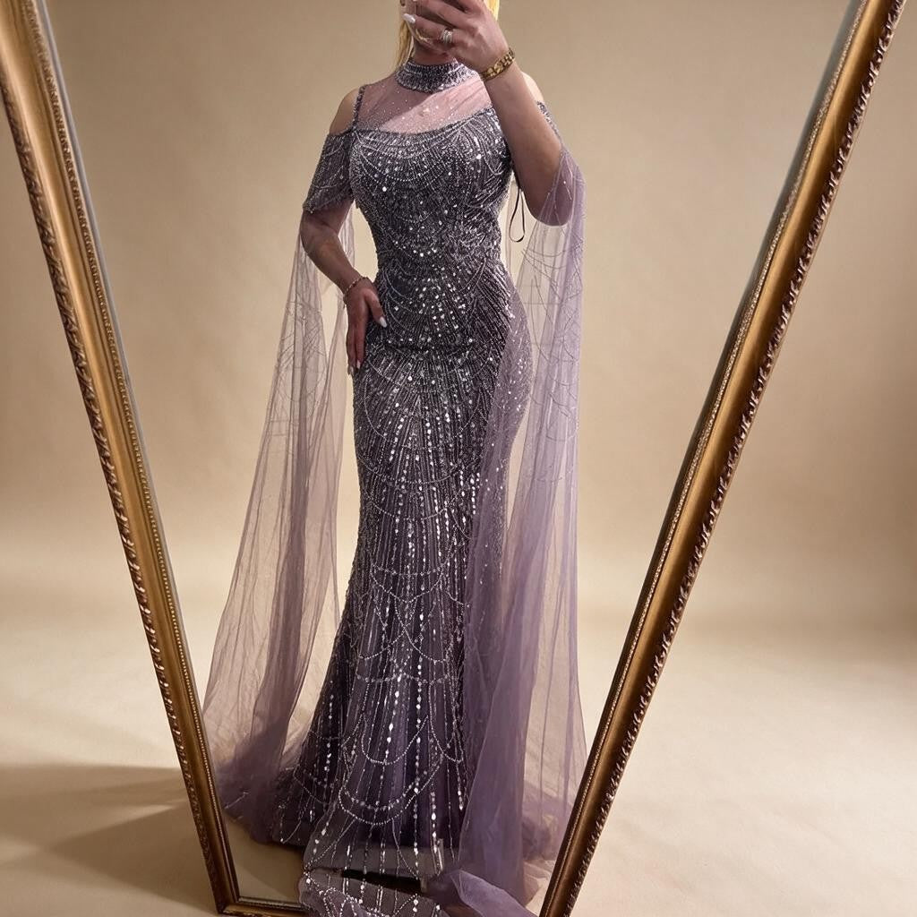 Zapdress Dubai Purple Mermaid Cape Sleeves Beaded Long Evening Dress 2025 For Formal Occasion DLA71992 Customized (ZD17372)