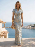 Jacquard Sheath/Column V-Neck Floor-Length Mother of the Bride & Groom Dresses with Ruched Waist - As Pic