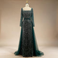 Zapdress Green Square Collar Long Sleeve Mermaid Pearls Beaded Evening Party Gown Overskirt Dress DLA72032N Customized (ZD17342)