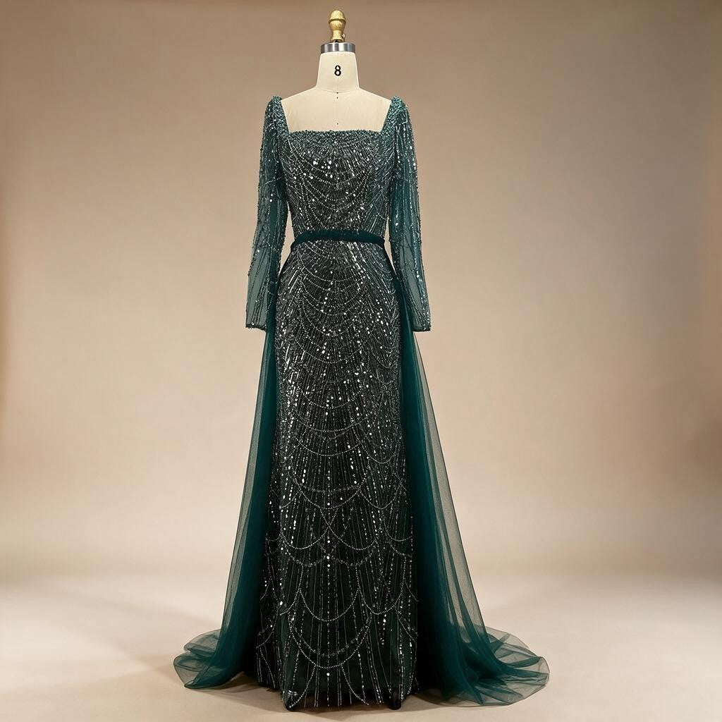 Zapdress Green Square Collar Long Sleeve Mermaid Pearls Beaded Evening Party Gown Overskirt Dress DLA72032N Customized (ZD17342)