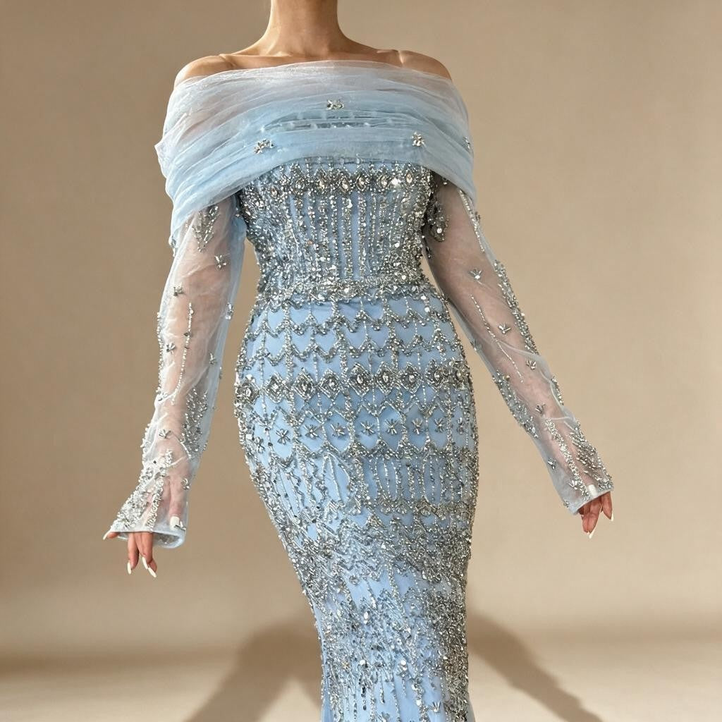 Zapdress Blue Mermaid Beaded Evening Dresses with Detachable Sleeves Elegant Party Gowns for Women DLA72714 Customized (ZD17361)