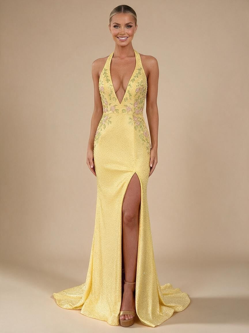Sheath/Column Deep V Neck Halter Floor Length Prom Dress with Flower Sequin - view 1