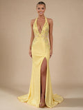 Sheath/Column Deep V Neck Halter Floor Length Prom Dress with Flower Sequin - view 1