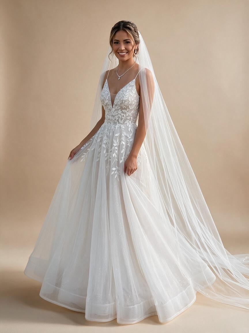 Spaghetti Strap V-Neck Lace Wedding Dress with Leaf Embroidery - view 1