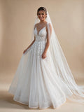 Spaghetti Strap V-Neck Lace Wedding Dress with Leaf Embroidery - view 1