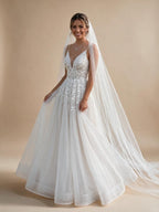 Spaghetti Strap V-Neck Lace Wedding Dress with Leaf Embroidery - view 1