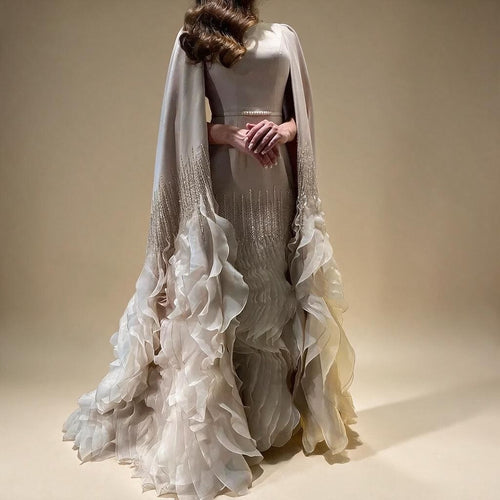Zapdress 2025 Champagne Mermaid Luxury Cape Sleeves Beaded Satin Saudi Evening Dresses Gowns for Party DLA72317A Customized (ZD17235)