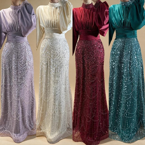 Zapdress 2026 Elegant Mauve Muslim Evening Gowns Dubai High Neck Full Sleeve Formal Party Dress for Women DLA73676 Customized (ZD17173)