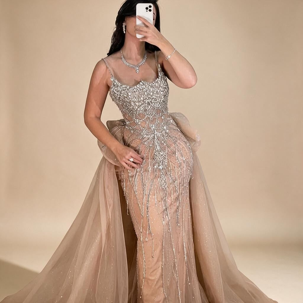 Zapdress Pink Spaghetti Strap Mermaid Beaded Evening Dresses with Overskirt Formal Party Gowns for Women DLA72810 Customized (ZD17232)