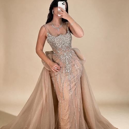 Zapdress Pink Spaghetti Strap Mermaid Beaded Evening Dresses with Overskirt Formal Party Gowns for Women DLA72810 Customized (ZD17232)