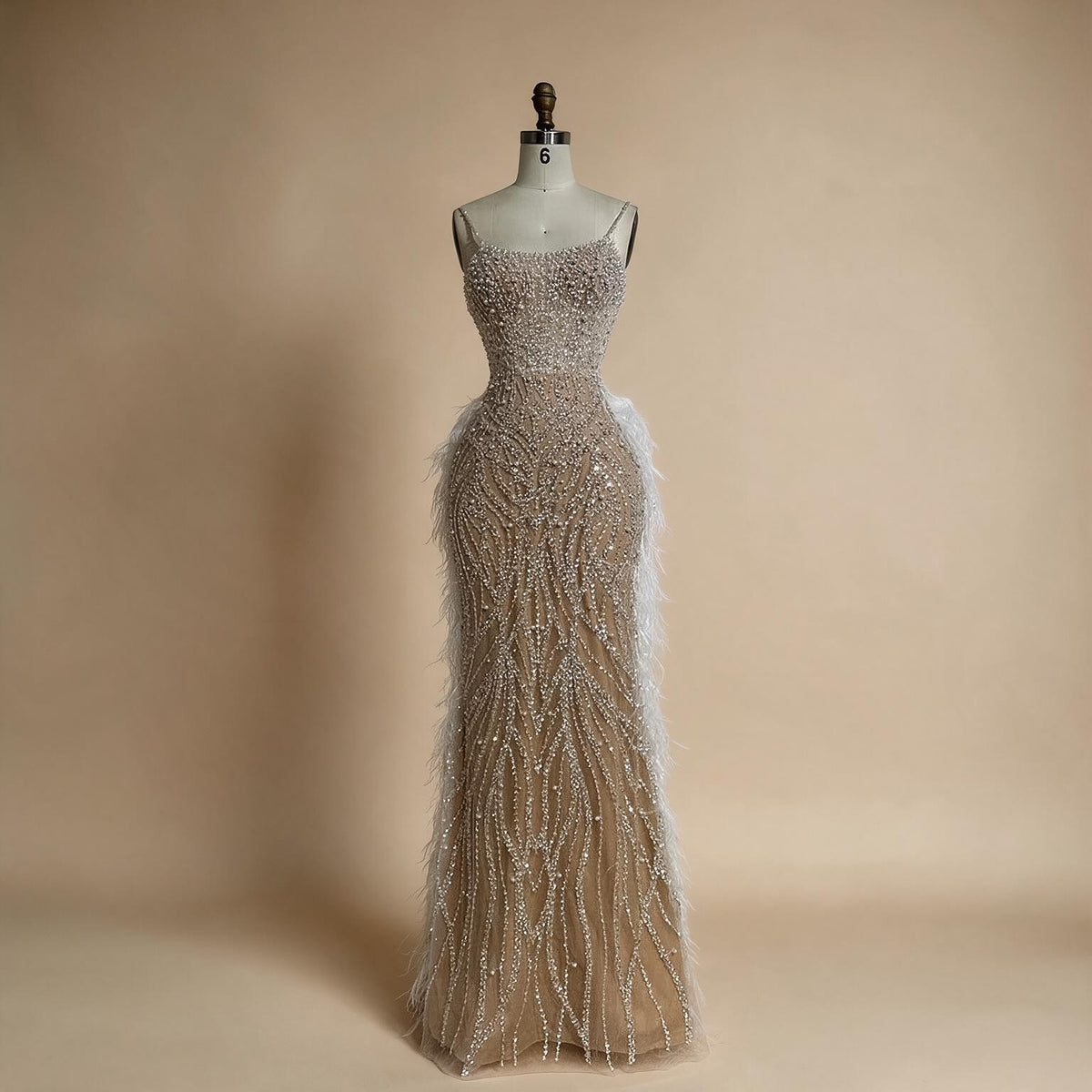 Zapdress White Nude Spaghetti Strap Feathers Beaded Mermaid Evening Dress Party Gown for Women DLA72823 Customized (ZD17377)