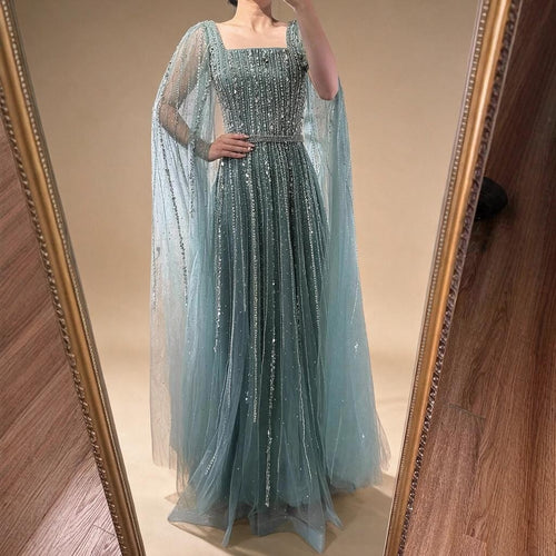 Zapdress Turquoise Square Collar Beaded Evening Dress with Cape Sleeves Dubai Pary Gowns for Women DLA73188 Customized (ZD17252)